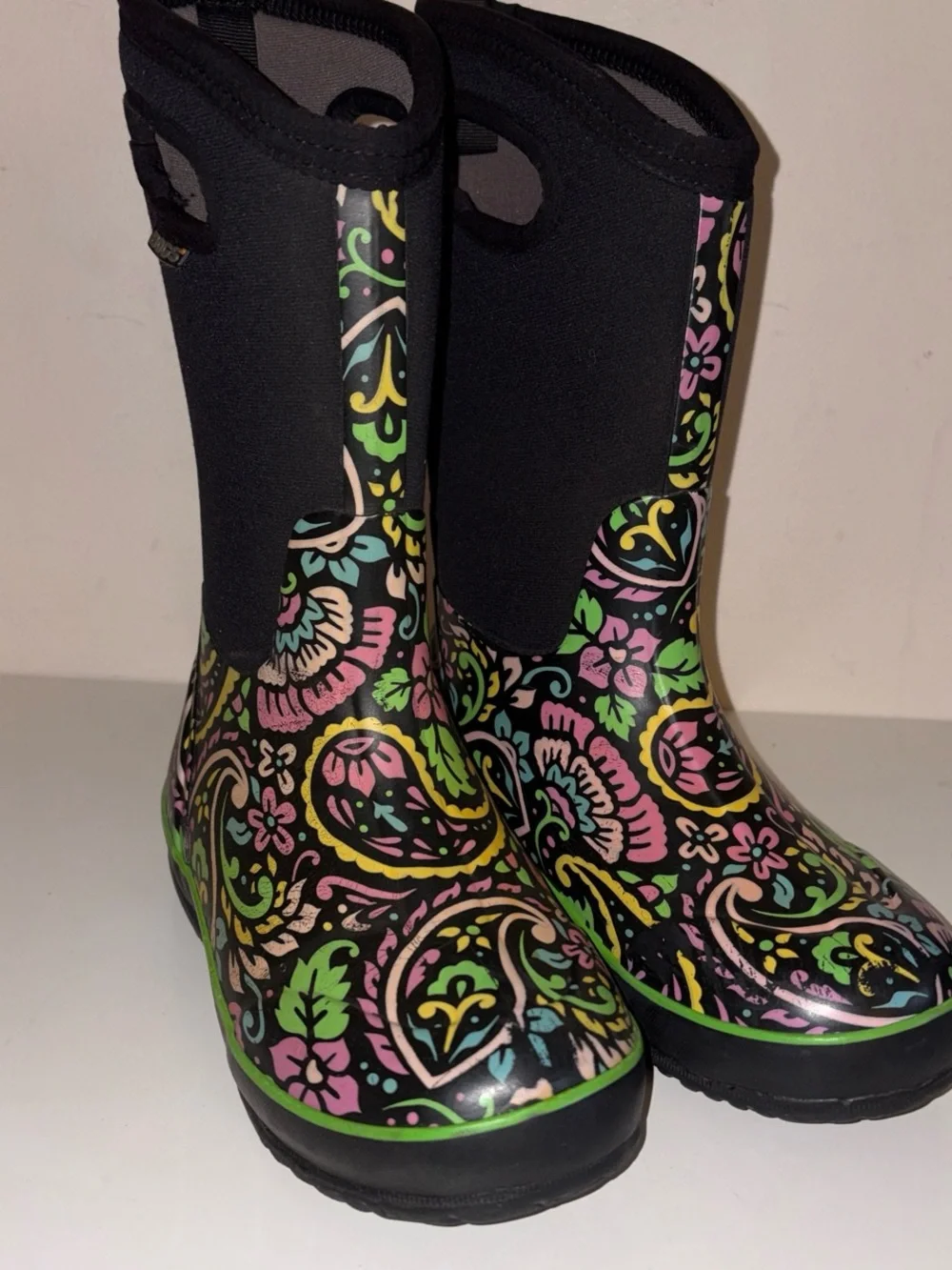 Bogs Kids' Floral Paisley Black Neoprene Rain Boots 3 us 35 Europe